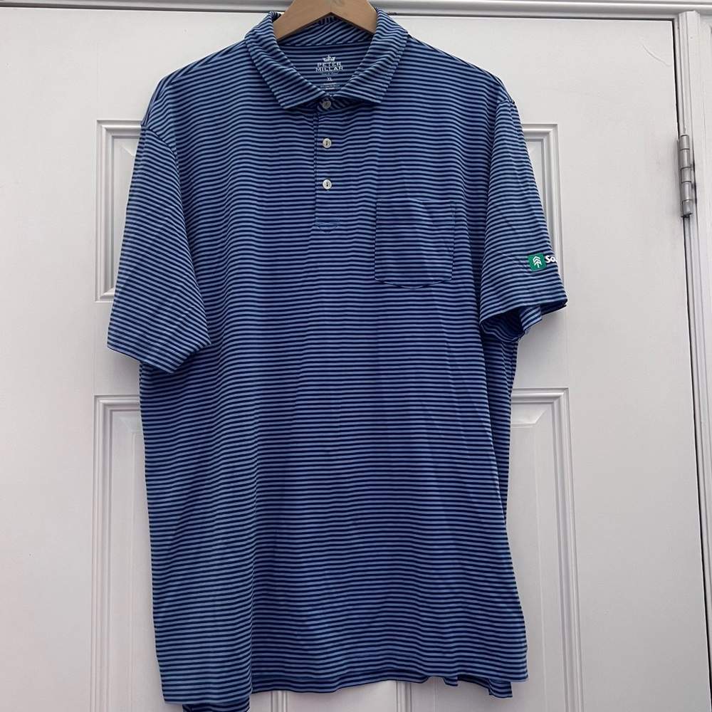 Peter Millar pocket front striped polo with embroidered left sleeve XL